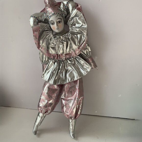 HARLEQUIN CLOWN DOLL PINK SILVER COSTUME - Picture 1 of 9